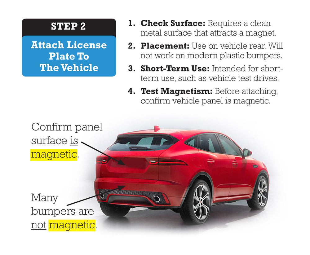 Donkey Auto license plate magnet improves demo tag visibility during inspections.