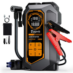 Doorii Jump Starter with Air Compressor in front view showing compact all-in-one emergency kit.