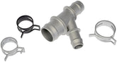 Dorman 47157 coolant hose junction product front view highlighting aluminum construction for durability.