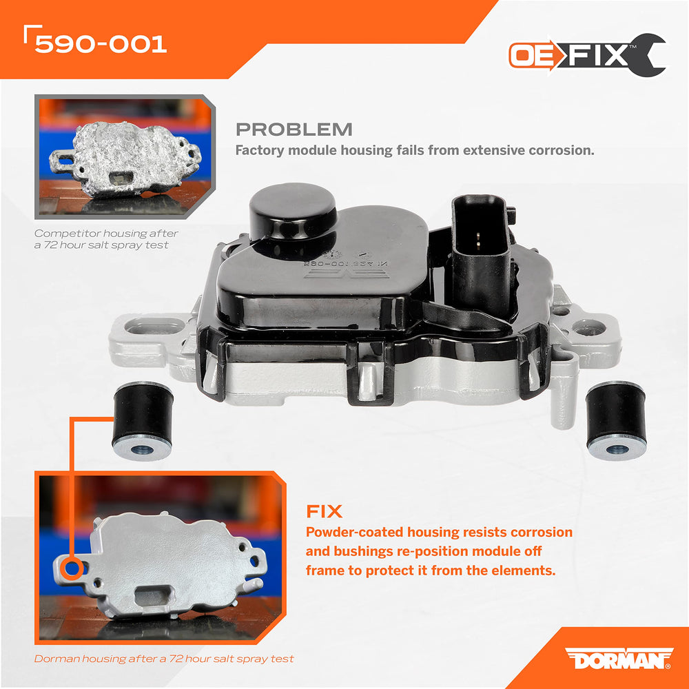 Dorman 590-001 powder-coated housing shown for corrosion resistance