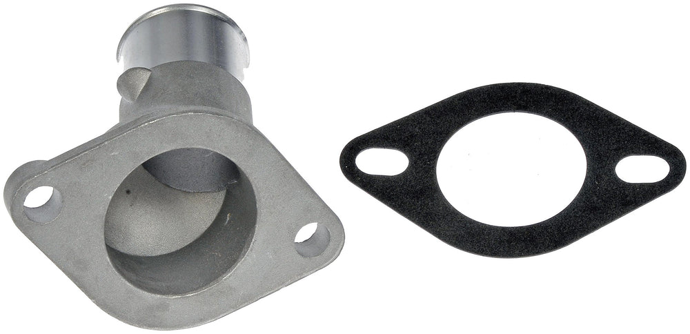 Dorman 902-694 engine coolant thermostat housing, side view, durable upgrade resists cracks.