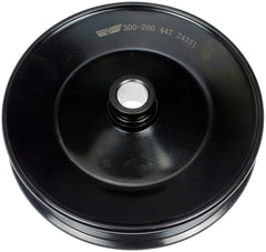 Dorman power steering pump pulley front view emphasizes correct alignment for smooth steering.