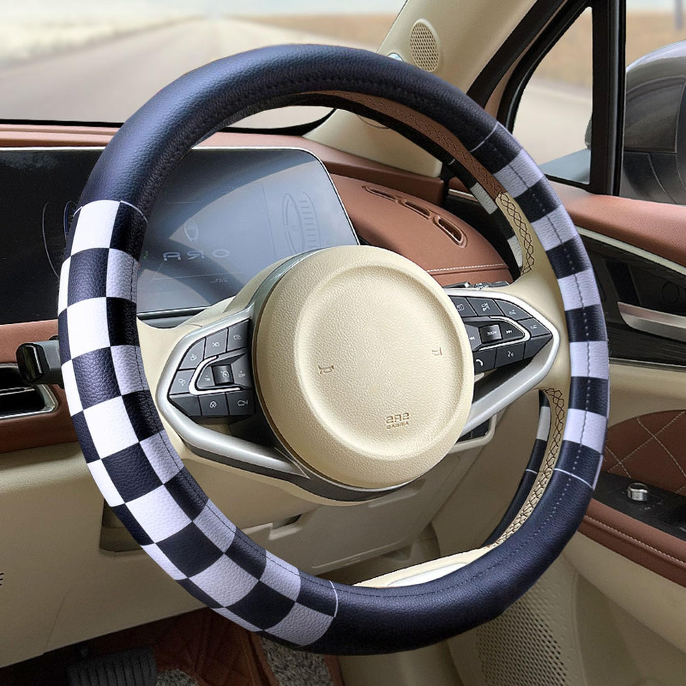Dotesy lattice steering wheel cover with checkered plaid design enhances interior style.