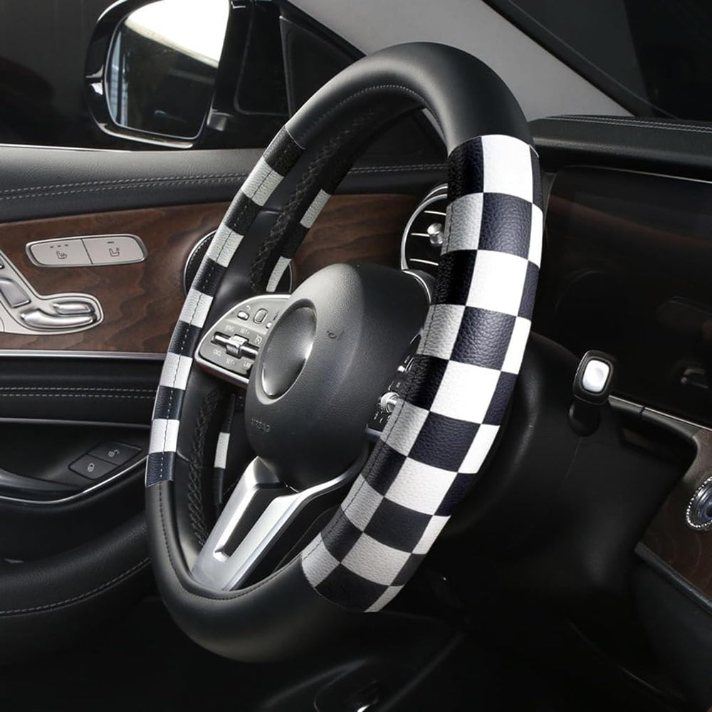 Dotesy lattice steering wheel cover in microfiber leather provides softer grip and reduced fatigue.