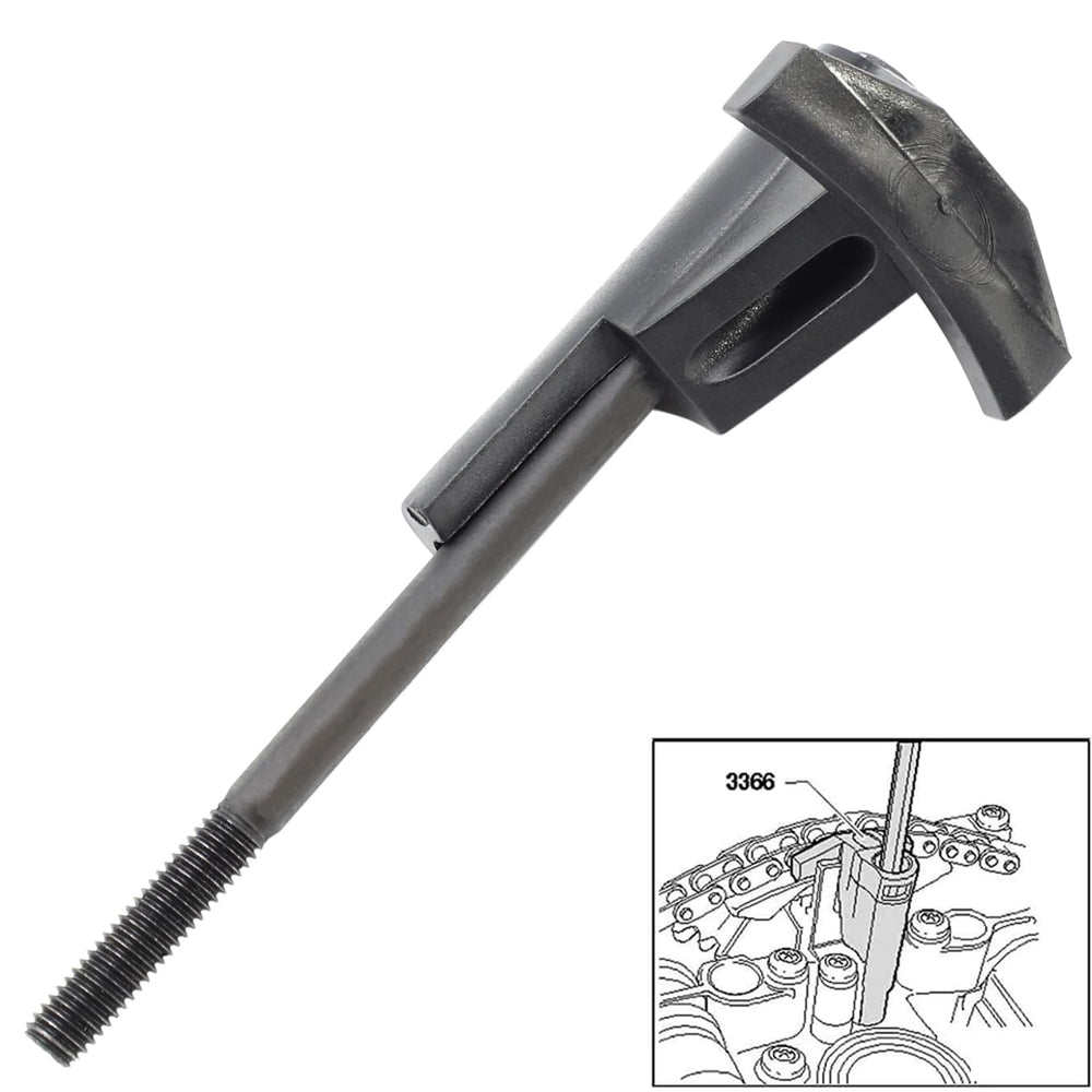 Compact piston-compression view helps align gaskets without disturbing the tensioner.