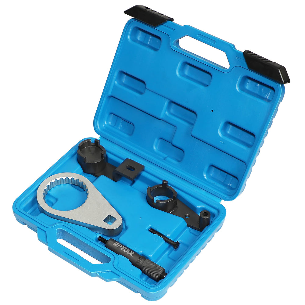 DPTOOL camshaft tool engaging gear teeth to hold timing during service.