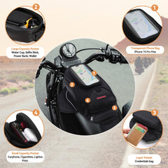 Dracarys tank bag with fixing strap on front motorcycle for added stability