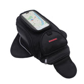 Dracarys tank bag on motorcycle in front view with magnetic mount for secure storage
