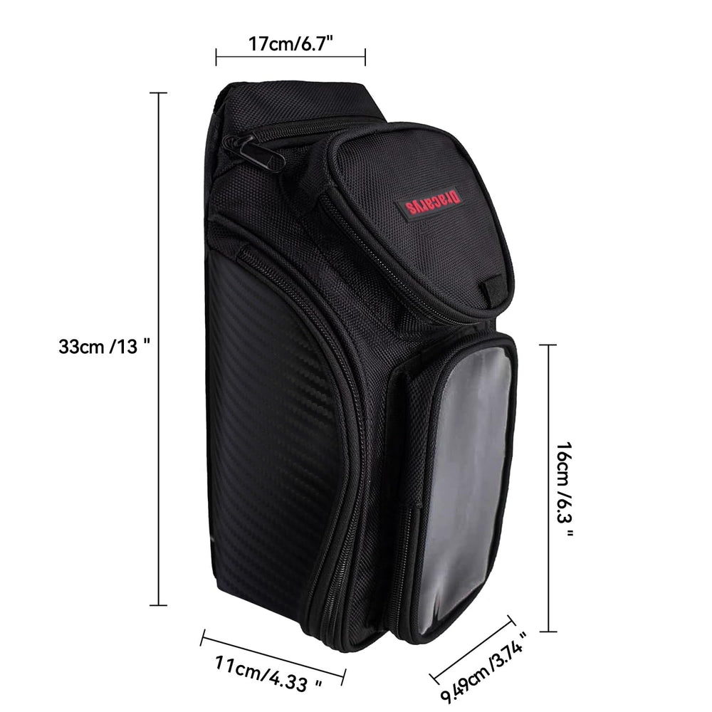 Dracarys tank bag side view showing magnetic attachment and strap stability