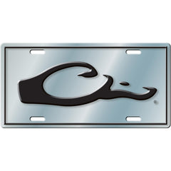 Drake Waterfowl drake head logo license plate on a vehicle, durable aluminum for outdoor use