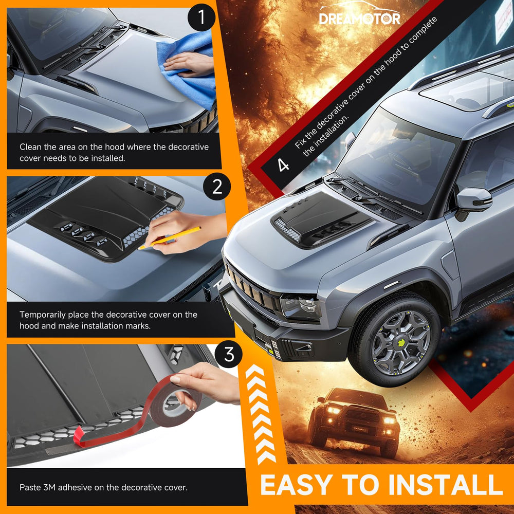 DREAMOTOR hood scoop installation steps showing simple tape-based mounting