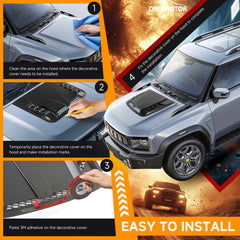 DREAMOTOR hood scoop installation steps showing simple tape-based mounting