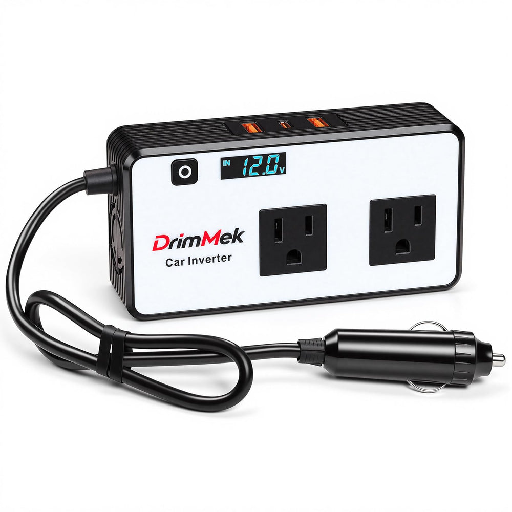 DrimMek 200W car inverter seen from the front for on-the-go power