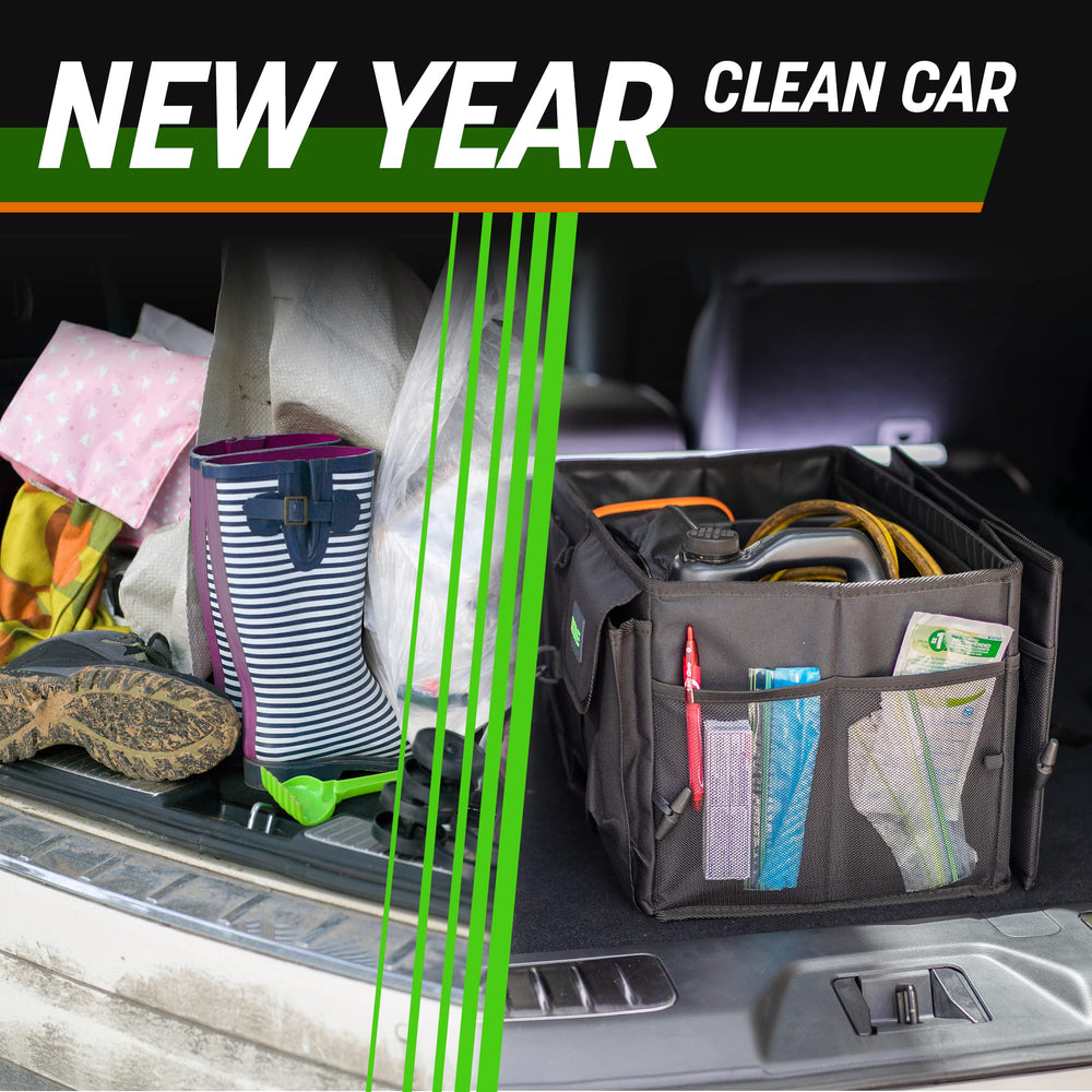 DRIVE trunk organizer multi-compartment layout keeps groceries and tools organized