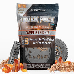 Drive Time Truck Puck Campfire Night close-up delivers long-lasting freshness.