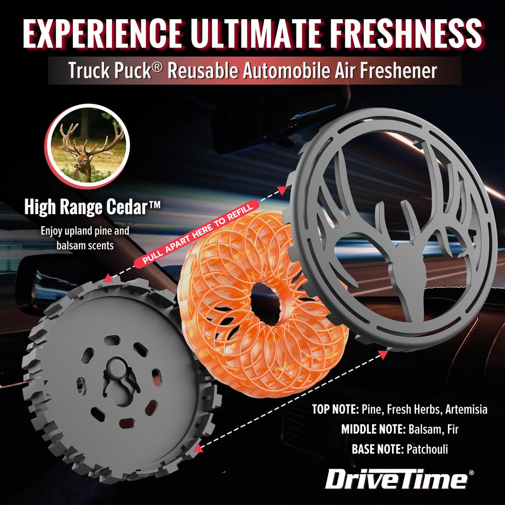 Drive Time Truck Puck Cedar fragrance dash placement for flexible interior scent.