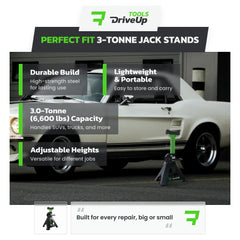 DriveUpTools jack stands compact design shown for garage storage