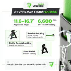 DriveUpTools 3-ton stands in use under vehicle demonstrating solid support