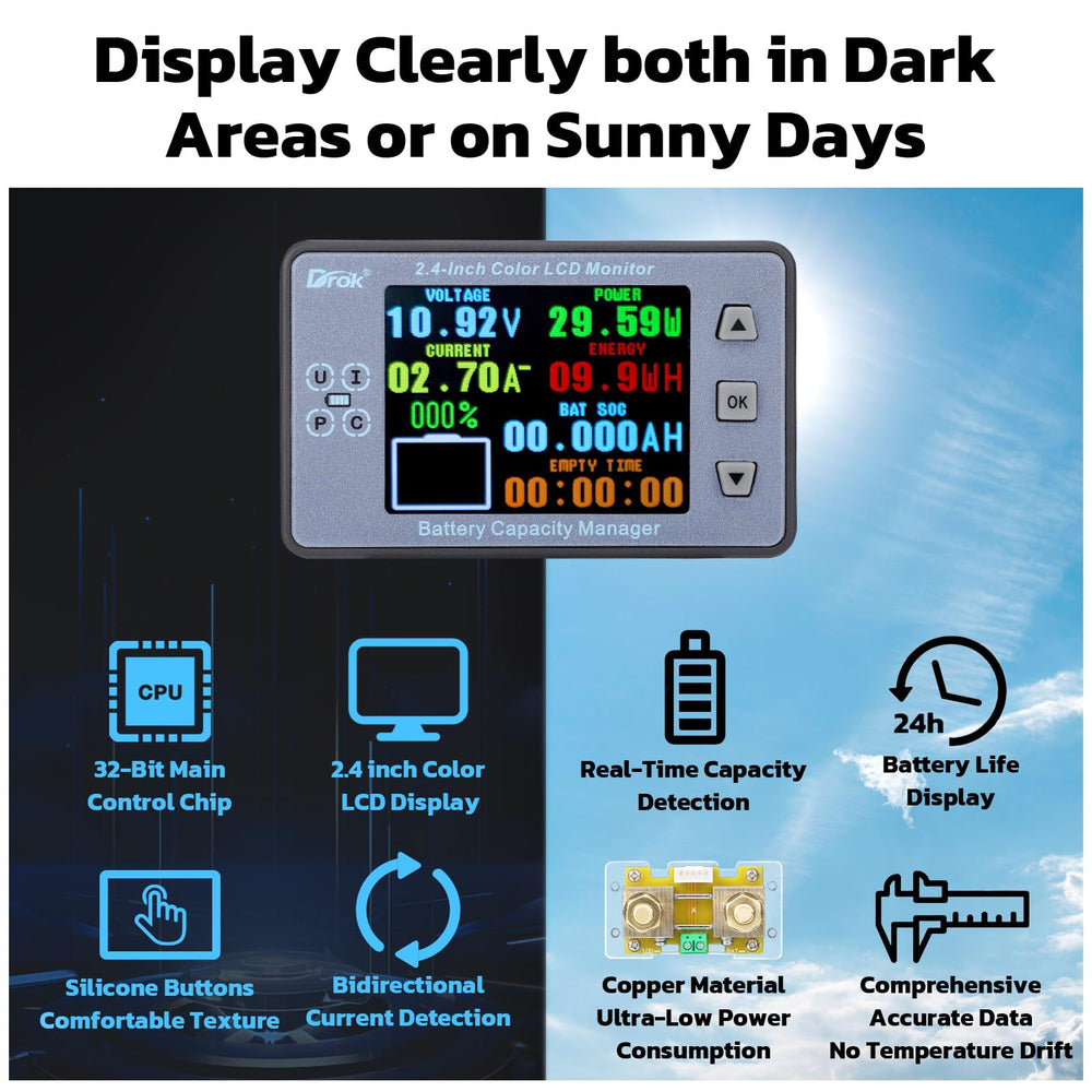 DROK digital multimeter LCD display close-up showing bright readability