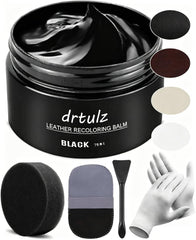 drtulz Black Leather Recoloring Balm bottle pour shows easy application for renewed color
