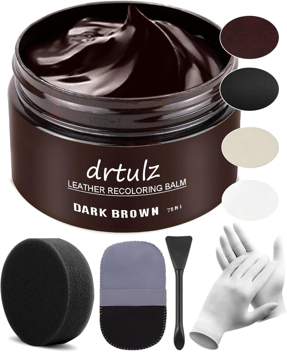 Drtulz dark brown leather recoloring balm bottle pour demonstrates deep color renewal for faded furniture.