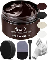 Drtulz dark brown leather recoloring balm bottle pour demonstrates deep color renewal for faded furniture.