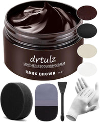 Drtulz dark brown leather recoloring balm bottle pour demonstrates deep color renewal for faded furniture.