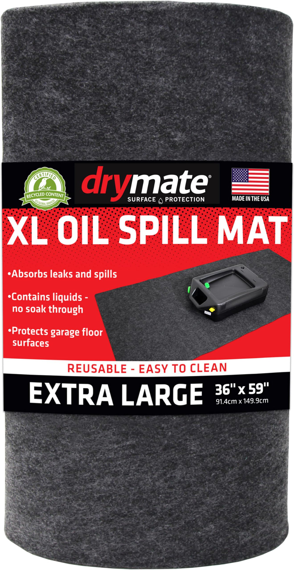Drymate XL oil spill mat with absorbent top catching spills.