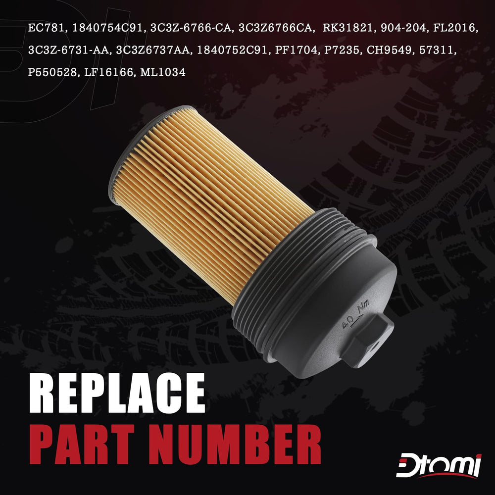 Dtomi oil filter cap assembly installed in E-Series van, promoting clean oil flow