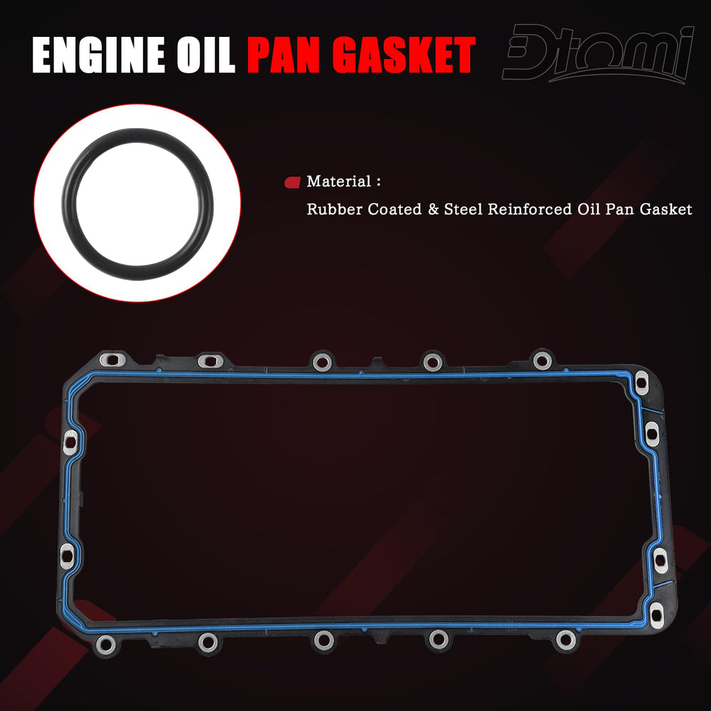 Dtomi oil pan gasket compatibility chart close-up communicates broad vehicle coverage.