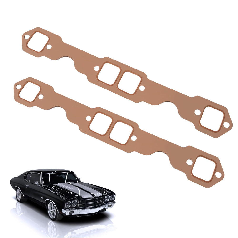 Dtomi SBC header gasket oval port copper, two-piece set for leak-free exhaust seals.