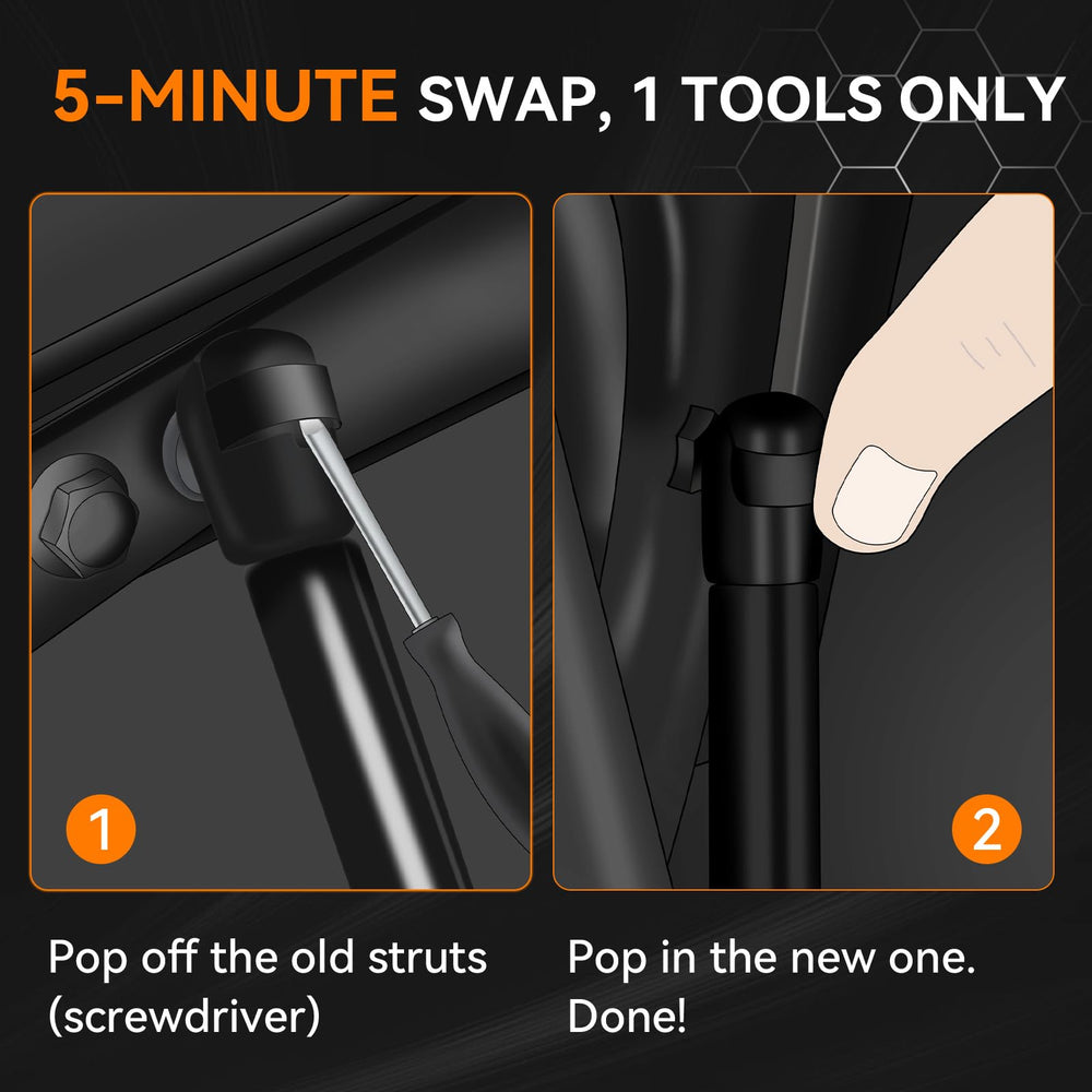 Dukuge packaging shows full direct-fit replacement for Super Duty hood struts.