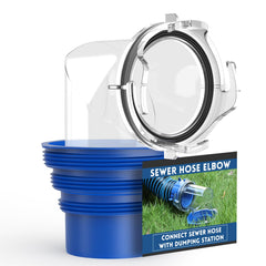 DUMPMAN RV sewer elbow with clear body for easy drainage monitoring.