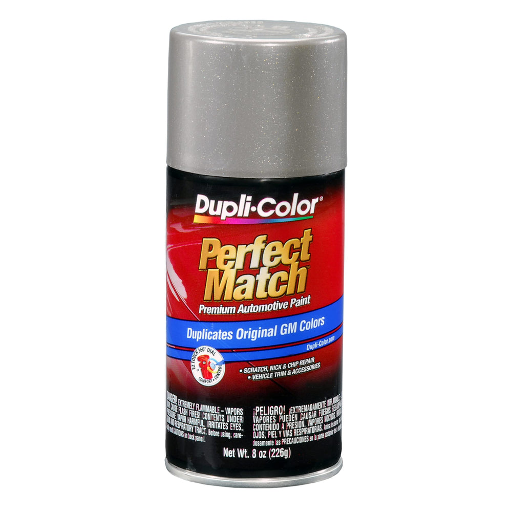 Dupli-Color Perfect Match Pewter 8oz can for seamless OEM color restoration on vehicles.