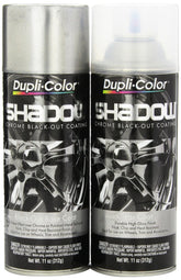 Dupli-Color Shadow Chrome basecoat spray on polished metal for dramatic dark chrome look.