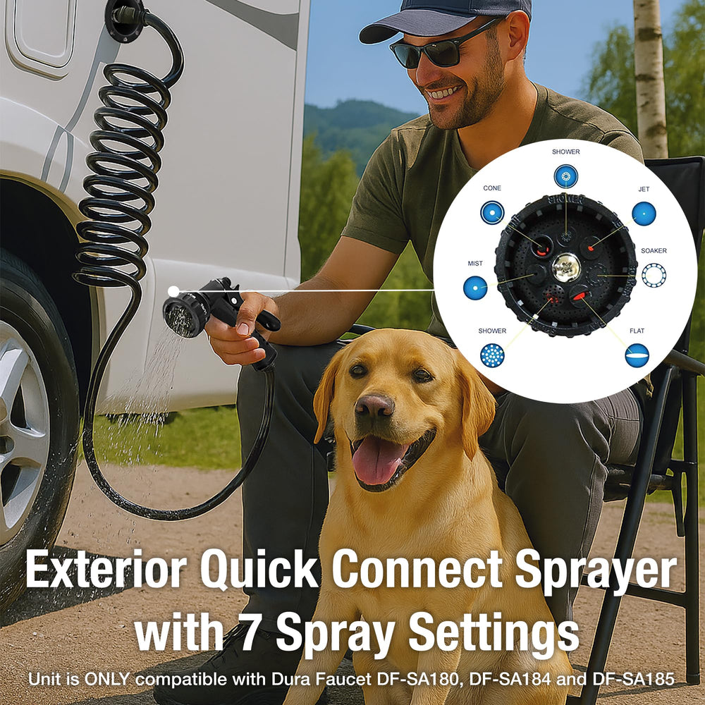 Dura Faucet DF-SA187-WT 15-foot coiled hose extends reach for exterior rinsing.