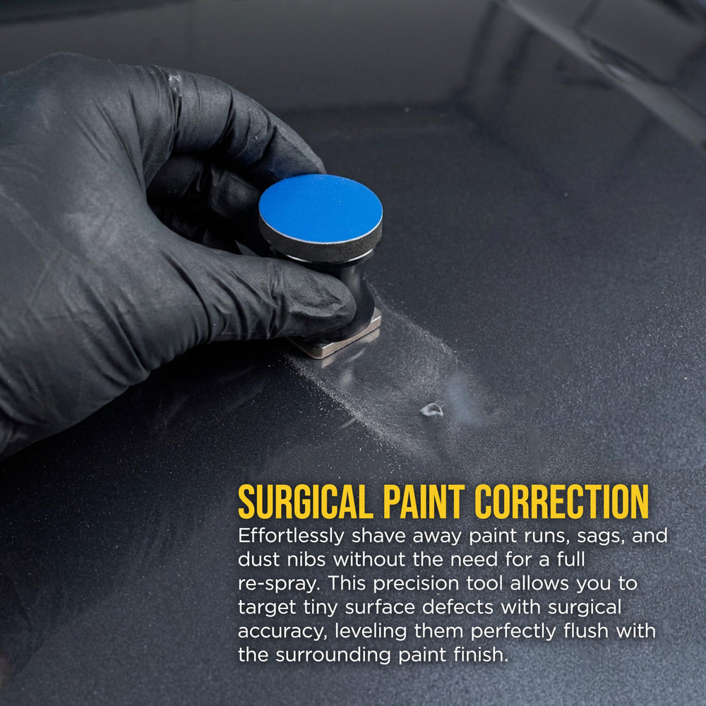 Dura-Gold denibbing blade edge cuts cured clear coats cleanly and consistently