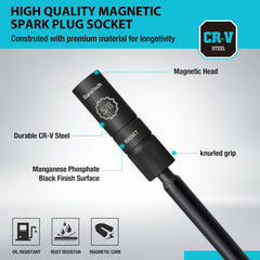 DURATECH CR-V steel spark plug socket with manganese phosphate coating resists corrosion.