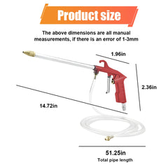 DUSCOKE spray gun shows 4ft hose for reaching hard-to-clean components.