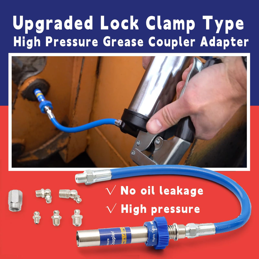 Dusledel grease gun coupler extension enables access to tight spaces for thorough lubrication.