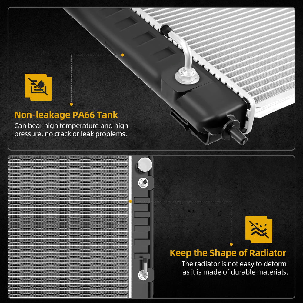 DWVO aluminum radiator core with TIG-welded end tanks reinforces durability.