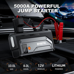 Dyeetic Jump Starter 5000A side view highlights rugged clamps for safe boosts