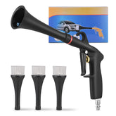 Dynaiency blow gun nozzle blasts dust from car surfaces for fast cleaning.