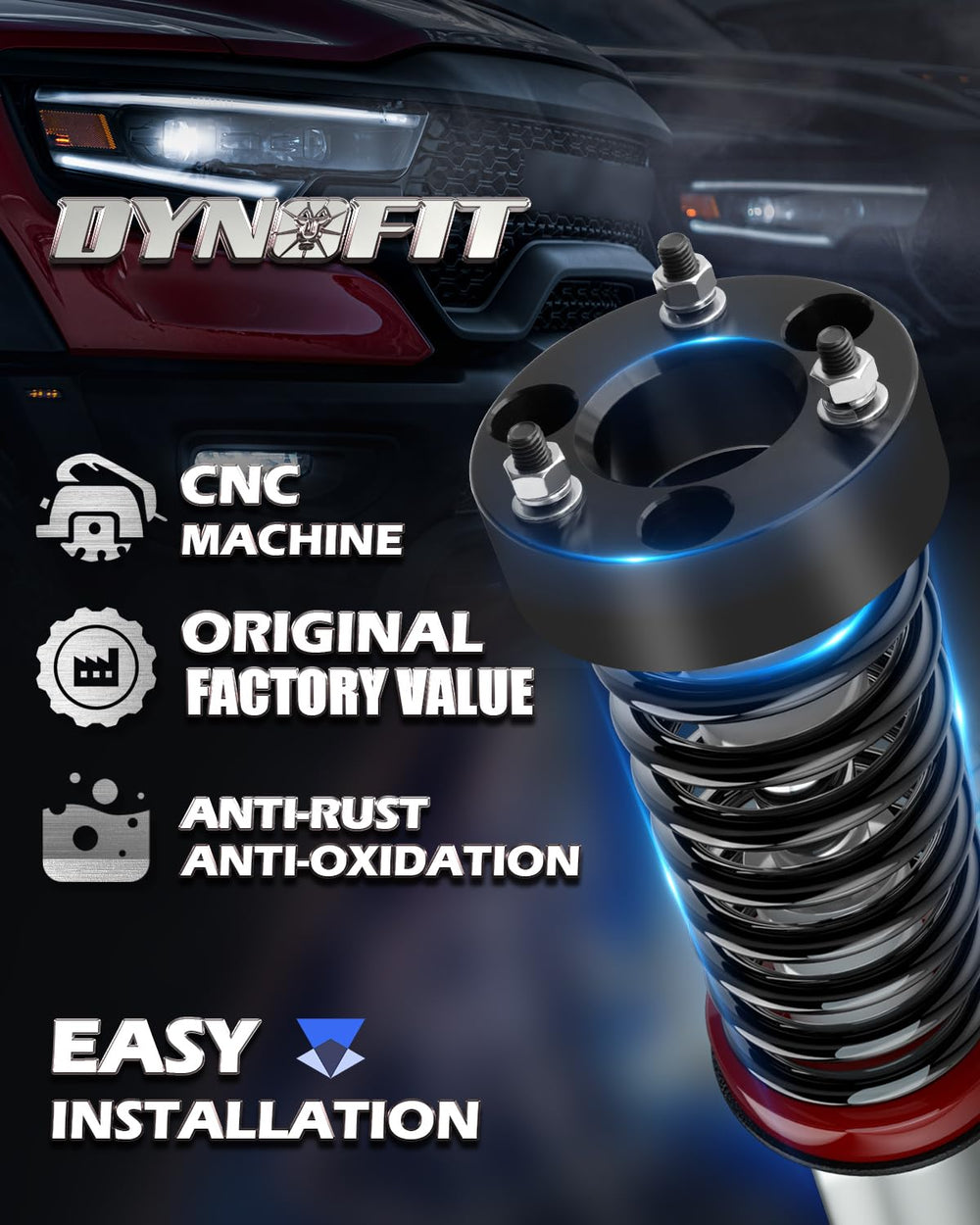 Dynofit 2in leveling kit billet aluminum closeup shows precision CNC-machining