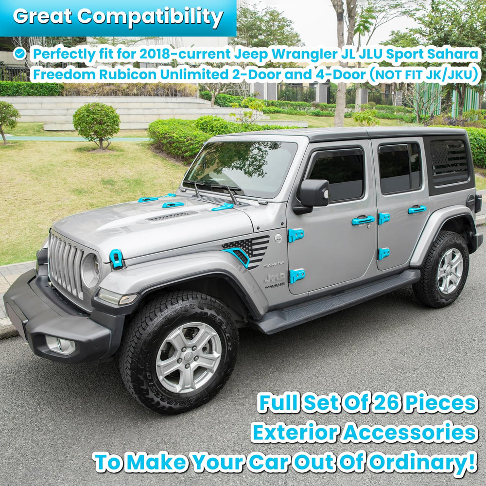 E-cowlboy door handle hinge cover enhances exterior with blue detail and scratch protection.