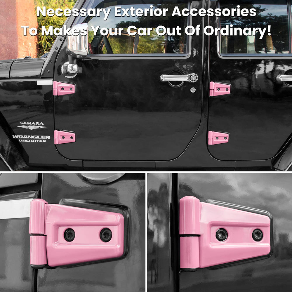Pink hinge cover installed on a Jeep Wrangler JK/JKU.