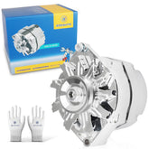 E EZEXPREZE chrome 120A alternator front view for reliable charging on classic Chevrolets.