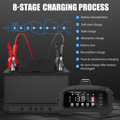 Eight-stage charging illustration on E-FAST 25A with repair mode focus.