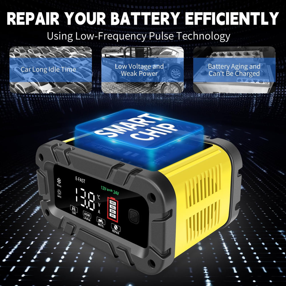 E-FAST desulfator mode icon shows sulfate removal for potential capacity recovery.