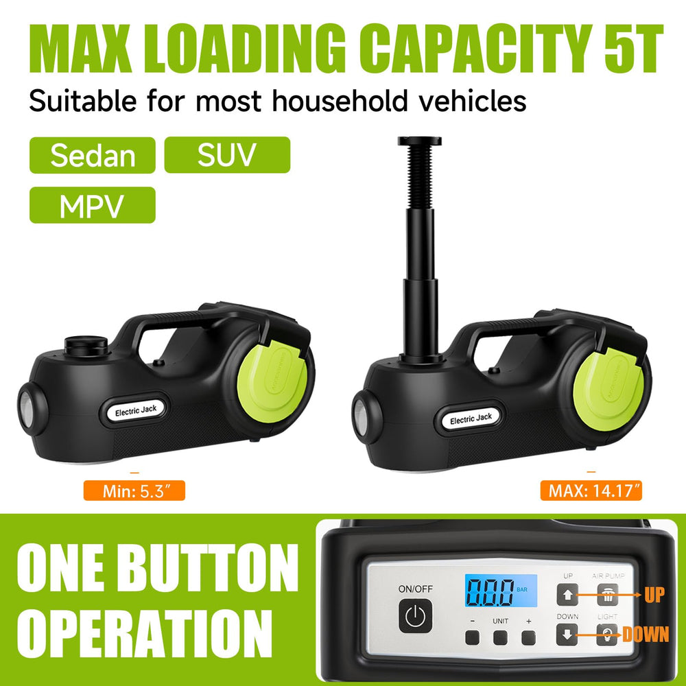 E-HEELP 12V hydraulic jack with LCD display for precise height readings.